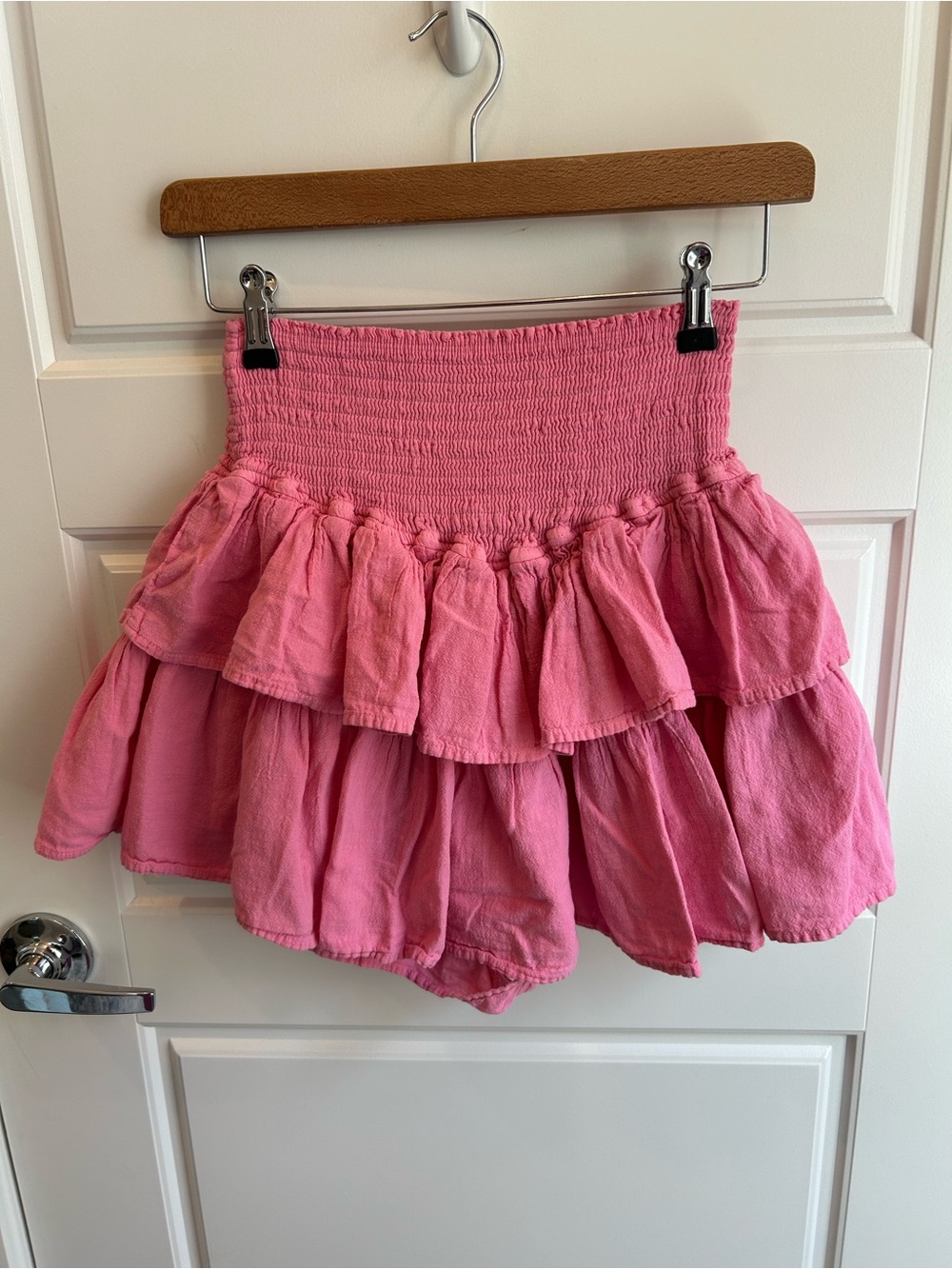 Altar'd State Pink Tiered Ruffle Mini Skirt with Smocked Waistband